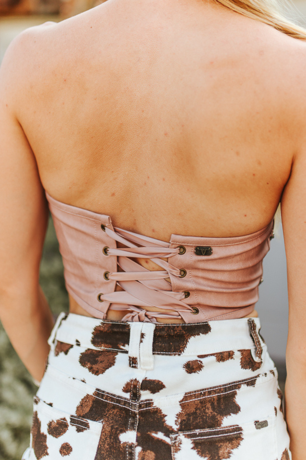 pink LEATHER BOOT STITCH EMBROIDER CORSET TIE BACK
