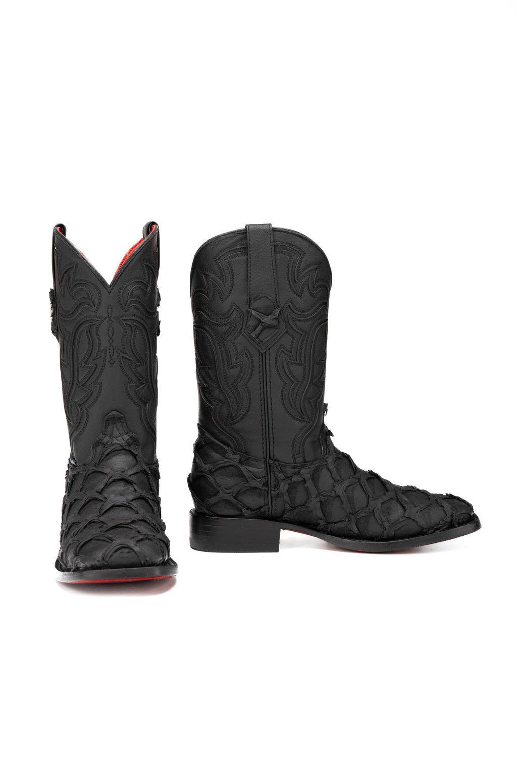 Bruce Shelby Pirarucu Red Bottom Square Toe Cowboy Boot — Matte Black