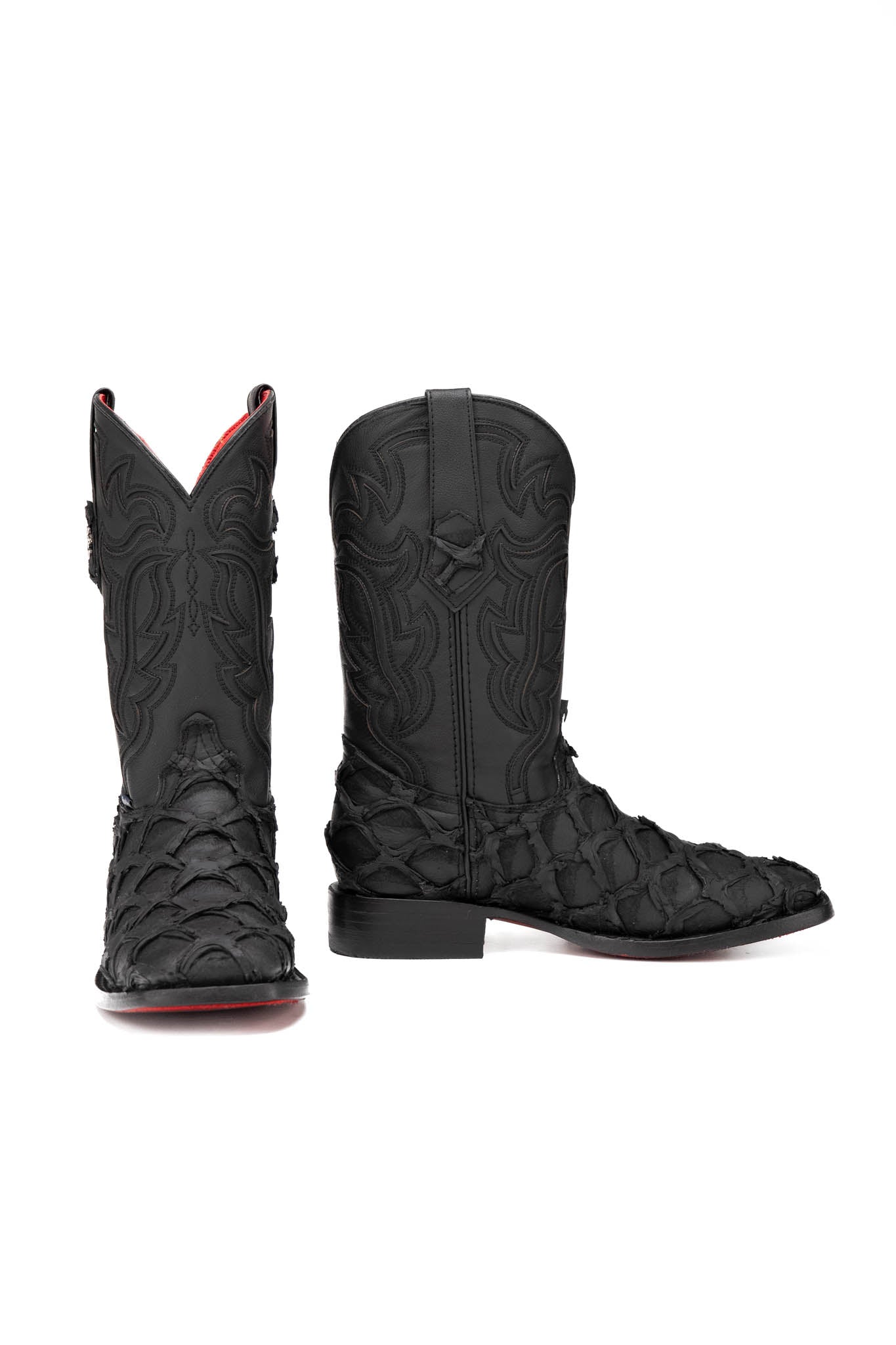 Bruce Shelby Pirarucu Red Bottom Square Toe Cowboy Boot — Matte Black