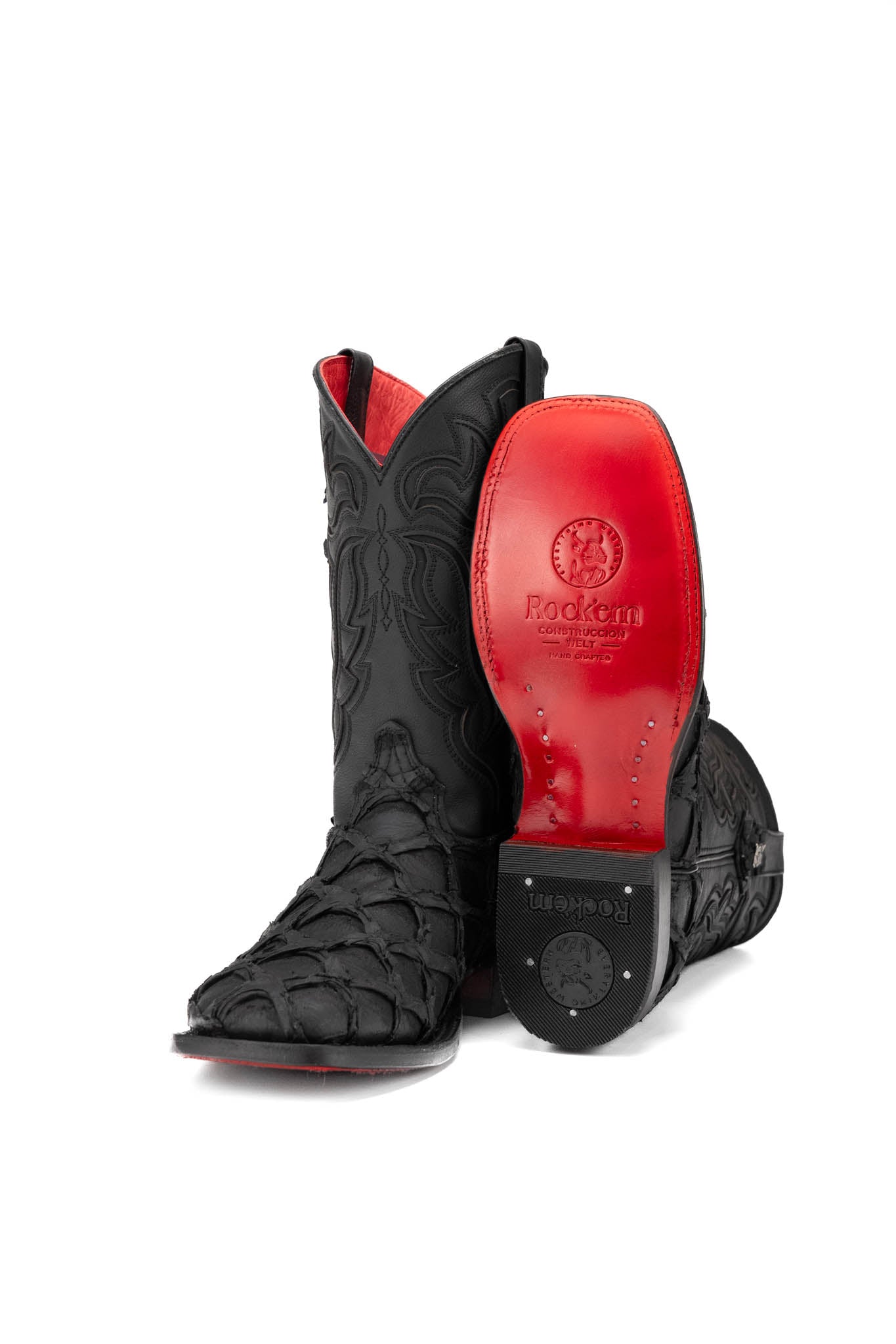 Bruce Shelby Pirarucu Red Bottom Square Toe Cowboy Boot — Matte Black